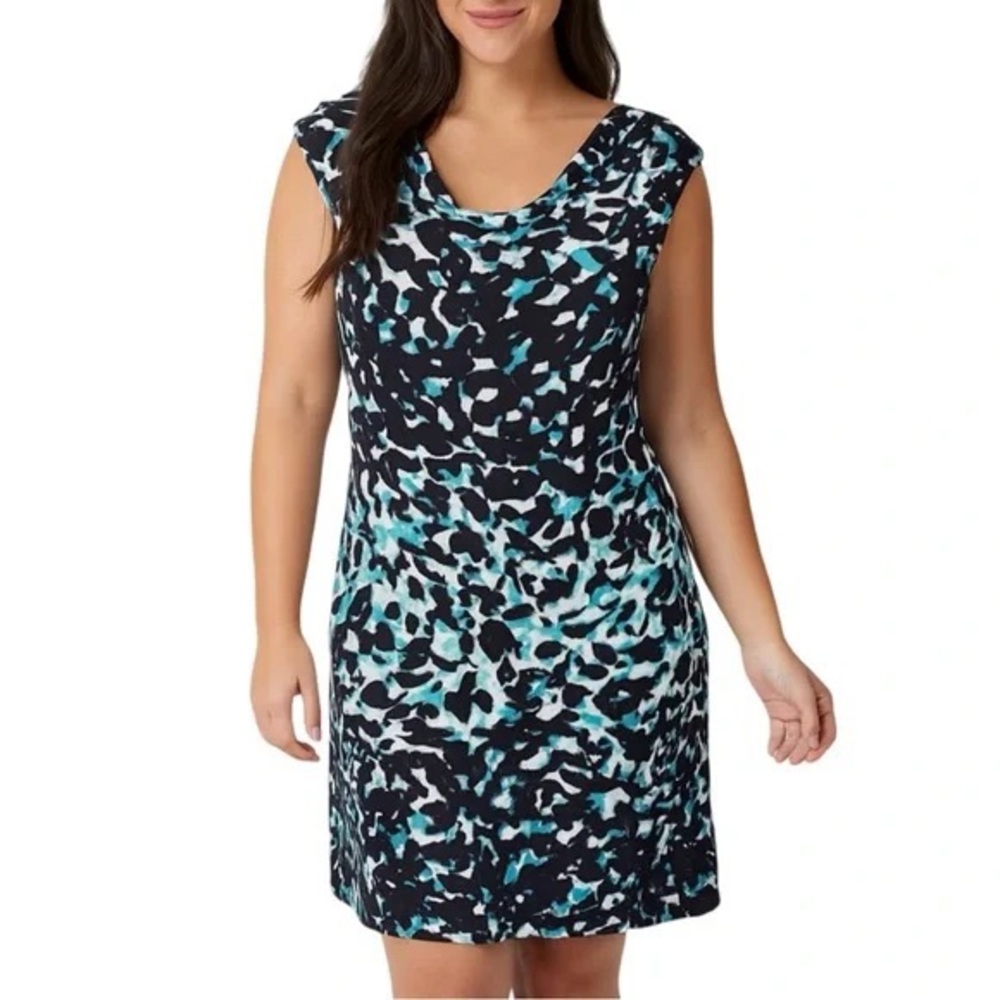 Larry Levine Abstract Black and Blue Midi Dress